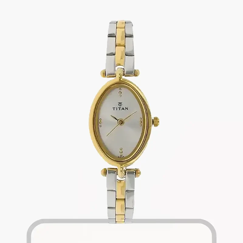 Titan Silver Dial Two-tone Oval Shape Ladies Watch- 2418BM01